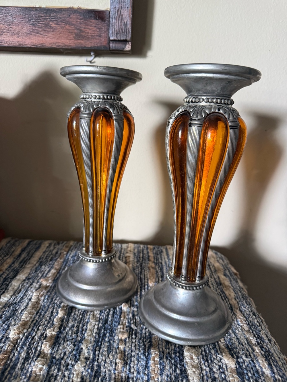 Set of Vintage 1970s Silver Plated Amber Glass Pillar Candle Holders